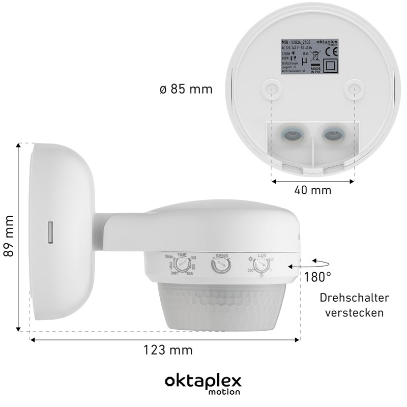 Oktaplex Mia Motion Sensor Outdoor 360 Degree Swivelling IP65 Surface-Mounted
