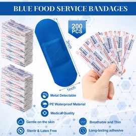 Geiserailie 200 Pcs Blue Fabric Bandages Food Service Metal Detectable 3 x 1 Waterproof Adhesive Bandages Bulk Sterile Processing Non Stick Pad Latex Free for First Aid and Wound Care