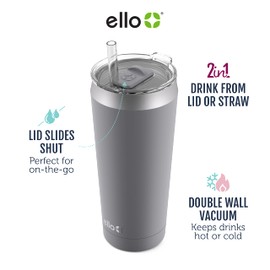 Ello Beacon Vacuum Insulated Stainless Steel Tumbler with Slider Lid and Optional Straw, 24 oz, Yucca