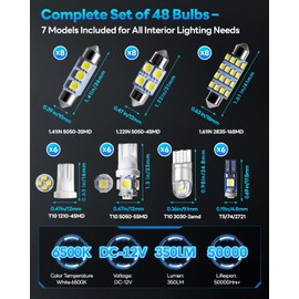 ouaohu 48Pcs Led Interior Car Lights Kit, 6500K White Interior Bulbs Replacement (194 T10 DE3175 W5W 168 578 2825 T5 31mm 36mm 41mm), Dome Map Dash Door Trunk License Plate Lights for Cars Trucks RVs