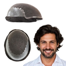 Tresshairca Human Hair Toupee for Men Natural and Comfortable Men's Wigs Hair Pieces Polyskin and French Lace Base Real Human Hair Replacement System Men's Real Human Hair #1B Natural Black (6"x8")