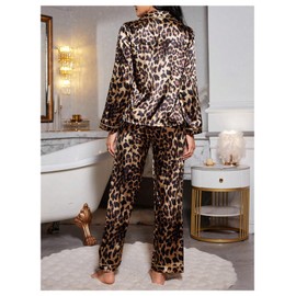 WDIRARA Women's 2 Piece Leopard Print Satin Pajama Set Long Sleeve Button Down Lounge Pants Sleepwear Sets Multicolor Leopard X-Large