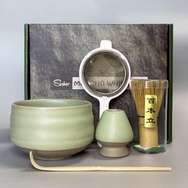 Sisher Matcha Set Matcha Whisk Matcha Bowl Japanese Tea Set (5pcs) Bamboo Whisk, Bowl,Tea Ladle,Matcha Whisk Stand,Stain,Stainless Steel Sifte,Japanese Green Matcha Set For Matcha Lovers