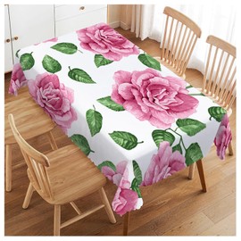 Walmsco Tablecloth Pink Roses Green Leaves Decor For Dining Room Kitchen Rectangular Table Cover 132 * 178cm
