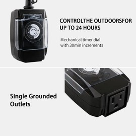 M EGA MEGACUBE Outdoor Timer Outlet Waterproof, 24 Hour Mechanical Timer Outlet for Home and Garden, Single Grounded, 15A 3/4HP, Black, 2 Pack