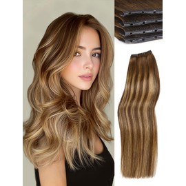 WIGNEE 100% Remy Double Weft Invisible PU OVO Human Hair Extensions 16 Inch Micro Beads Real Human Hair Extensions T4/27 Highlight Honey Blonde Genius Weft Hair Extensions Human Hair