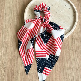 4th of July Hair Scrunchies Long Tail Bow Hair Bands Independence Day Hair Ties American Flag Star Design Patriotic Scrunchies Soft Elastic Ponytail Holders Hair Accessories for Women Girls, 2Pcs