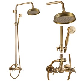 gotonovo Bathroom Exposed Shower Fixtures 8 Inch Rain Showerhead Double Cross Handles 2 Function Wall Mount Shower Faucet Set, Brass Handheld Spray, Antique Brass