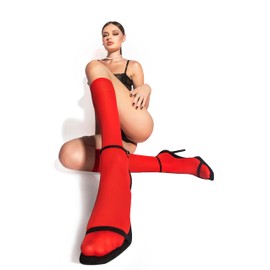 sofsy Light Red Knee High Socks for Women [Made in Italy] Solid Color Over Knee Socks - Nylon Long Tube Stockings 1 Size