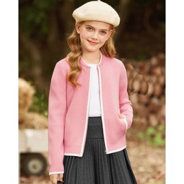 GRACE KARIN Pink Girls Cardigan Knit Zip Up Sweater with Pockets 12-13Y Cozy Winter Valentine Gift