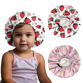 BHAHB 2 PCS Kids Bonnets for Girls Boys Satin Silk Bonnets Double Layer Elastic Adjustable Hair Caps for Sleeping Reusable Cute Aesthetic-Strawberry