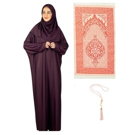 Prien Women's Prayer Clothing with Hijab Prayer Beads, Prayer Mat, Muslim Women's Clothing, Islam Abaya Set, Islamic Long-Sleeve Dress, Headscarf, Prayer Dress for Ramadan, burgundy