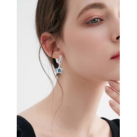Earrings 925 Silver Hanging, Stella Earrings Hanging Silver Women's Hoop Earrings Silver Small 1 Pair Earrings Silver Hoop Earrings Girls Jewellery 12 mm, Brass, Blue Zircon