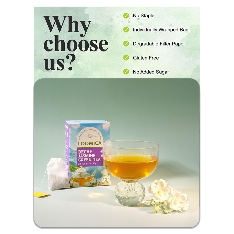 LOOMICA Decaf Jasmine Green Tea, Decaffeinated, Smooth & Refreshing Jasmine