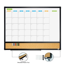 JILoffice Magnetic Calendar Whiteboard & Bulletin Corkboard Combination, Combo Board 24 x 18 Inch, 2 Pack, Black Aluminum Frame Wall Mounted Board for Office Home and School with 10 Push Pins
