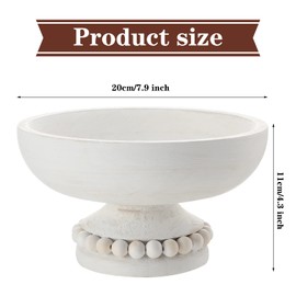 Amyhill Wood Pedestal Decorative Bowl 8 Inch Wooden Distressed Beaded Bowl for Dining Table Centerpiece, Farmhouse, Serving and Home Décor(White)