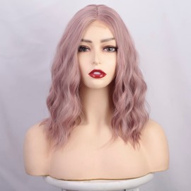 Luovce Synthetic Wigs For Women Shoulder Length Short Wavy 14 inches Small-Part-Lace Front Wigs (Lilac Color)