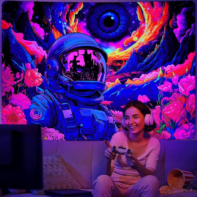 FENDROM Blacklight Astronaut Tapestry Hippie Eyes Tapestry UV Reactive Flowers
