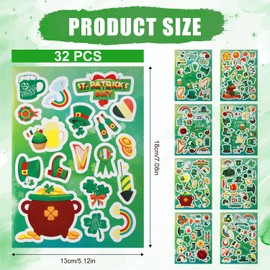 32 Sheets St. Patrick's Day Stickers for Kids, Abundant Irish Festival Stickers 4 Leaf Clover Stickers Green Shamrock Decals St Patricks Day Party Favors for Scrapbook Decor Envelopes Bottles