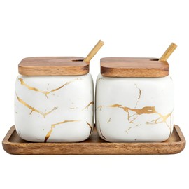 EIMQUVW Sets of 2 Marble Ceramic Seasoning Jars Ceramic Sugar Salt bowl Condiment Pots with Wooden Lids,Wooden Spoon and Woodens Tray(White)