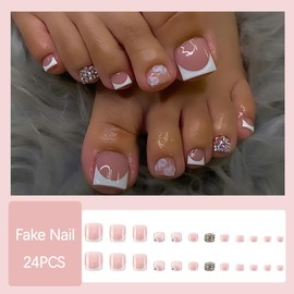 BQZQPAMZ 24pcs White French Tip Press On Nails With Rhinestone Design Glossy Short Square press On Toenails for Women Full Cover Acrylic Fake Toenails for Women Daily Nail Decoration Supplies
