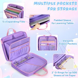 YARWO Zipper Binder Bag for Boys and Girls, 3 Ring Binder Holds 500 Sheets, Accordion File Organizer with 5 Expanding File Folder Fit for 13” Laptop, Learning Tablet and Stationery, Purple