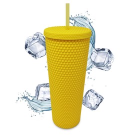 Nadia's Little Treasures Studded Cup Tumbler Straw Lid - Plastic Double Walled Cold Cup for iced Coffee, Water, Slush or Smoothies, Your Home Cinema Cup(24 OZ / 700ml, Matte Yellow)
