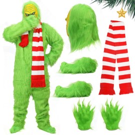 nezababy Christmas Costume Green Onesie Christmas Costume for Adults Monster Mask Santa Costume Cosplay Men Christmas Gifts (5 Pieces Santa Claus Costume, Small)