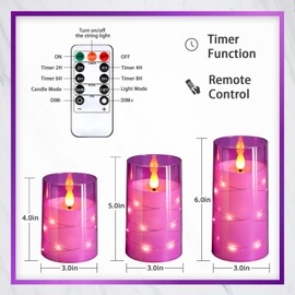 NURADA Flickering Flameless Candles: Built-in Star String Lights 3D Wick Acrylic Battery Operated LED Pillar Candles with Remote and Timer for Table Wedding Centerpieces Party 3 Pack Purple