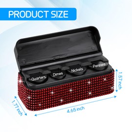 Hbxdeco Bling Coin Holder for Car, Crystal Rhinestone Change Storage Box with 4 Compartment, Portable Mini Storage Coin Money Dispenser, Universal Vehicle Change Organizer, Car Accessories (Red)
