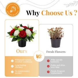 GeekLeaf 2 Pcs Artificial Flowers for Graves, Grave Flowers Pots Red White
