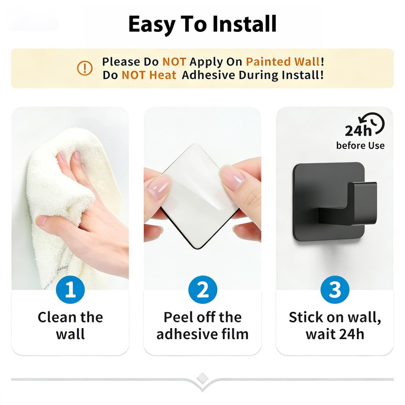 Leezmark 8 Pack Square Self Adhesive Towel Hooks, Black Aluminum
