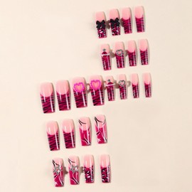 MISUD Press on Nails - Long Square Fake Nails with Pink Cheetah, Acrylic Y2K Charms Design 24 pcs