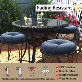 Magpie Fabrics Outdoor Round Bistro Seat Cushions with Ties, Fluffy Tufted Patio Chair Pads 15"x15"x4" Set of 2 Waterproof Floor Pillow for Home Garden Balcony Kitchen Office Porch, Blue Navy Textured