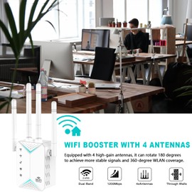 WiFi Extender Signal Booster,WiFi Extender, 5G WiFi Booster with 1200Mbps Dual Band(Up to 12880sq. ft for 108+ Devices), WiFi Repeater with 4 Antennas 360° Coverage, WPS 1-Tap Setup & Ethernet Port