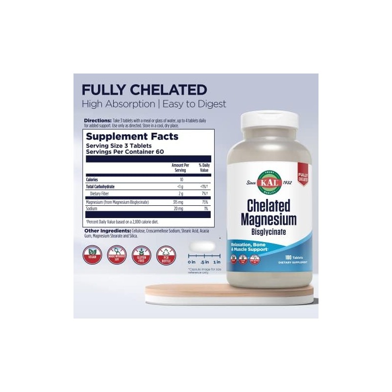 Kal Chelated Magnesium Bisglycinate Supplement for Relaxation