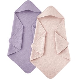 Susurration Muslin Hooded Baby Bath Towels for Newborn Baby, 100% Muslin Cotton Baby Towels for Unisex Baby Boys Girls Infants - 30x30in 2Pack (Purple&Pink)
