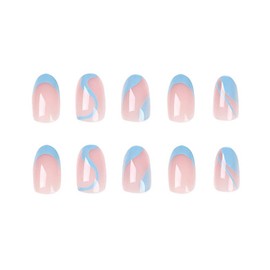 RikView French Tip Press on Nails Medium Fake Nails Blue Nails with Swirls Design Almond Acrylic Nails