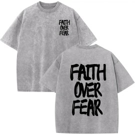 Christian Men's Vintage Oversized Acid Wash Religious T-Shirt with Jesus & God GraphicsColor: Gray-faith over fear, Size: M