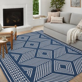 LUXLOOM Area Rug Living Room Rugs 9x12 Washable Rug for Bedroom Indoor Soft Non Slip Rug Boho Rugs Vintage Tribal Print Carpet Farmhouse Foldable Thin Rug for Dining Room Nursery Office Dorm Blue