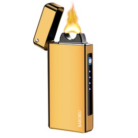 BABOBIU Electric Lighter USB Rechargeable Arc Lighter Big Flame Plasma Lighter Survival Lighter Portable Windproof Waterproof Lighter with LED Battery Indication for Men, Women, Friends (Ice Gold)