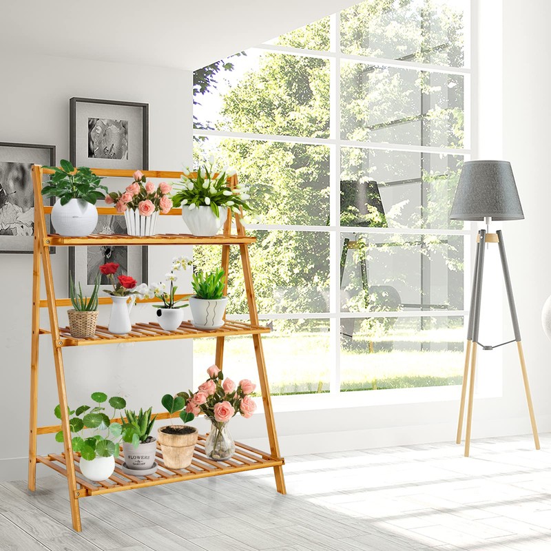COSTWAY Bamboo Plant Stand, Foldable Multifunctional Flower Display Ladder Shelf,