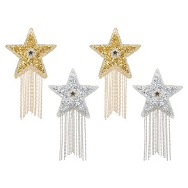 PATIKIL Star Rhinestone Patches, 4 Pcs Star Shape Iron on Applique Patches Rhinestone Applique Glitter Crystal Patches with Tassel for Shoes Clothes Pants Bags, Gold Tone/Silver Tone