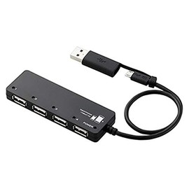 Elecom U2HS-MB02-4BBK USB 2.0 Micro USB Hub, 4-Port Bus Power Micro USB Cable + Converter Adapter, Black