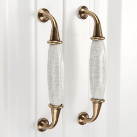 Mgoodoo Pack of 2 Vintage Crack Ceramic Cabinet Handles Antique Brass Drawer Knobs Total Length 140 mm