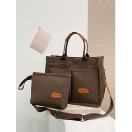 Solid Color/fruit/leopard Summer Fall Tote Bag Set, Tote Bag for Women, Everything Tote Bag for Women & Small Wristlet Bag, Trendy Commuting Work Bag Set, Everyday Bags Back To School, Girlfriend Gifts:_Dark Brown_Please Refer To The Pictures for Dimensions