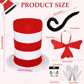PANMAY 6Pcs Cat Costume Set Red White Striped Hat Oversized Bowtie Gloves Tail Sticker Accessories Adult Hallween Dress Up