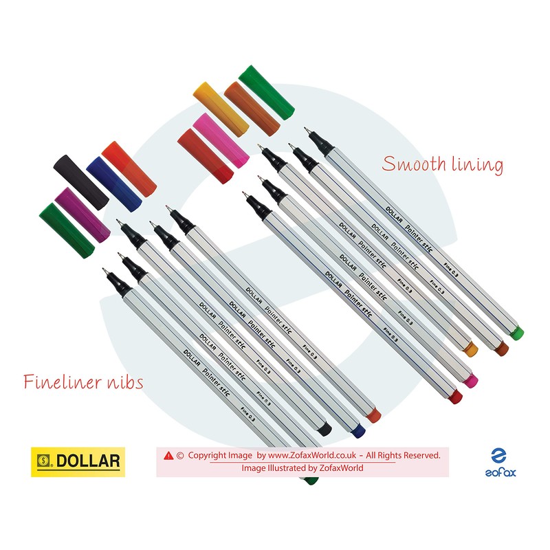DOLLAR Pointer Stic 0.3mm Fineliner Pens - Wallet of 10