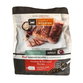 SIMPLY NOURISH Indoor Adult Cat Salmon & Oatmeal Recipe. Natural Fiber Helps Control Hairballs. 1-3 LB (1.36 kg) Bag of Dry Cat Food.