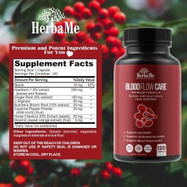 HerbaMe Blood Circulation Supplement, 120 Capsules, Supports Leg Vein, Heart,...